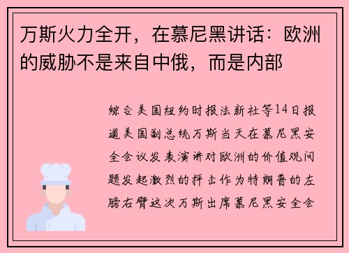 万斯火力全开，在慕尼黑讲话：欧洲的威胁不是来自中俄，而是内部