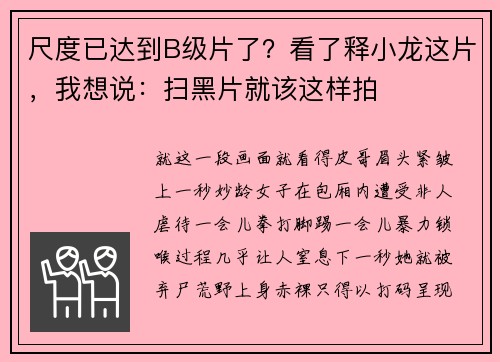尺度已达到B级片了？看了释小龙这片，我想说：扫黑片就该这样拍