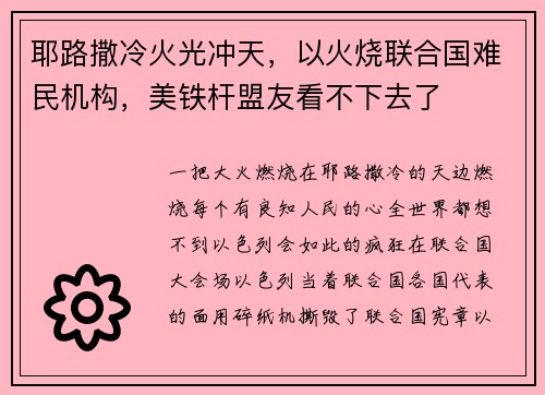 耶路撒冷火光冲天，以火烧联合国难民机构，美铁杆盟友看不下去了