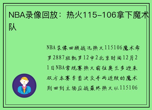 NBA录像回放：热火115-106拿下魔术队