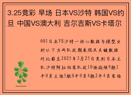 3.25竞彩 早场 日本VS沙特 韩国VS约旦 中国VS澳大利 吉尔吉斯VS卡塔尔 3.25竞彩 早场 日本VS沙特 韩国VS约旦 中国VS澳大利 吉尔吉斯VS卡塔尔